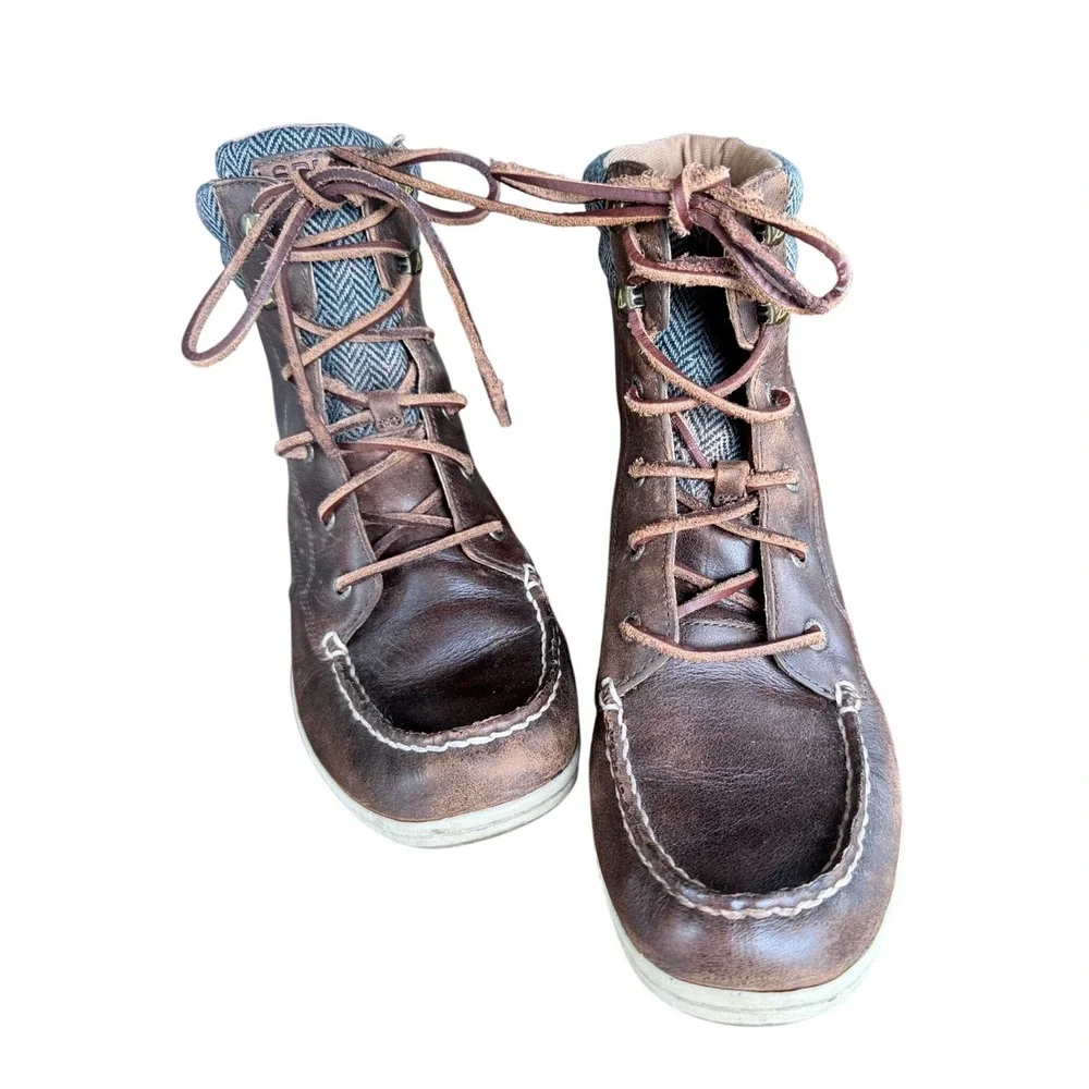 Sperry Bayfish Brown Leather Lace Up Moc Toe Ankle Boot Herringbone Women 8.5 M